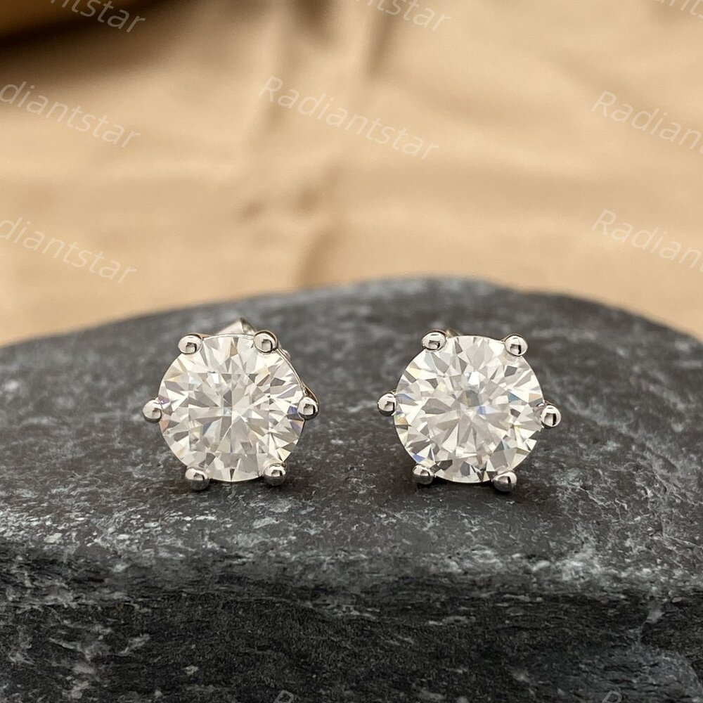 NEW Certified 4ct. t.w. Moissanite 6 Prong Solitaire Gold Stud Earrings